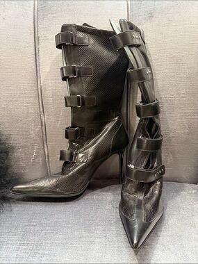 Cesare Paciotti Black Perforated Pointed-Toe High Heel Buckle Boots